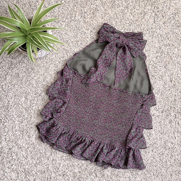 Women's Ruffled Floral Halter Top, Purple/Green, S - Picture 7 of 9